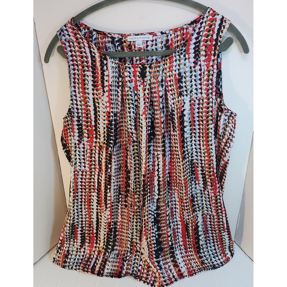 Notations Sleeveless Pleated Scoop Neck Blouse LG Multicolor Abstract Dot Office